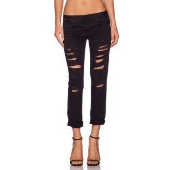 Black Cropped Distressed Jeans Womens 30 Ripped Y2K Destroyed Gothic GENETIC USA - Picture 8 of 13